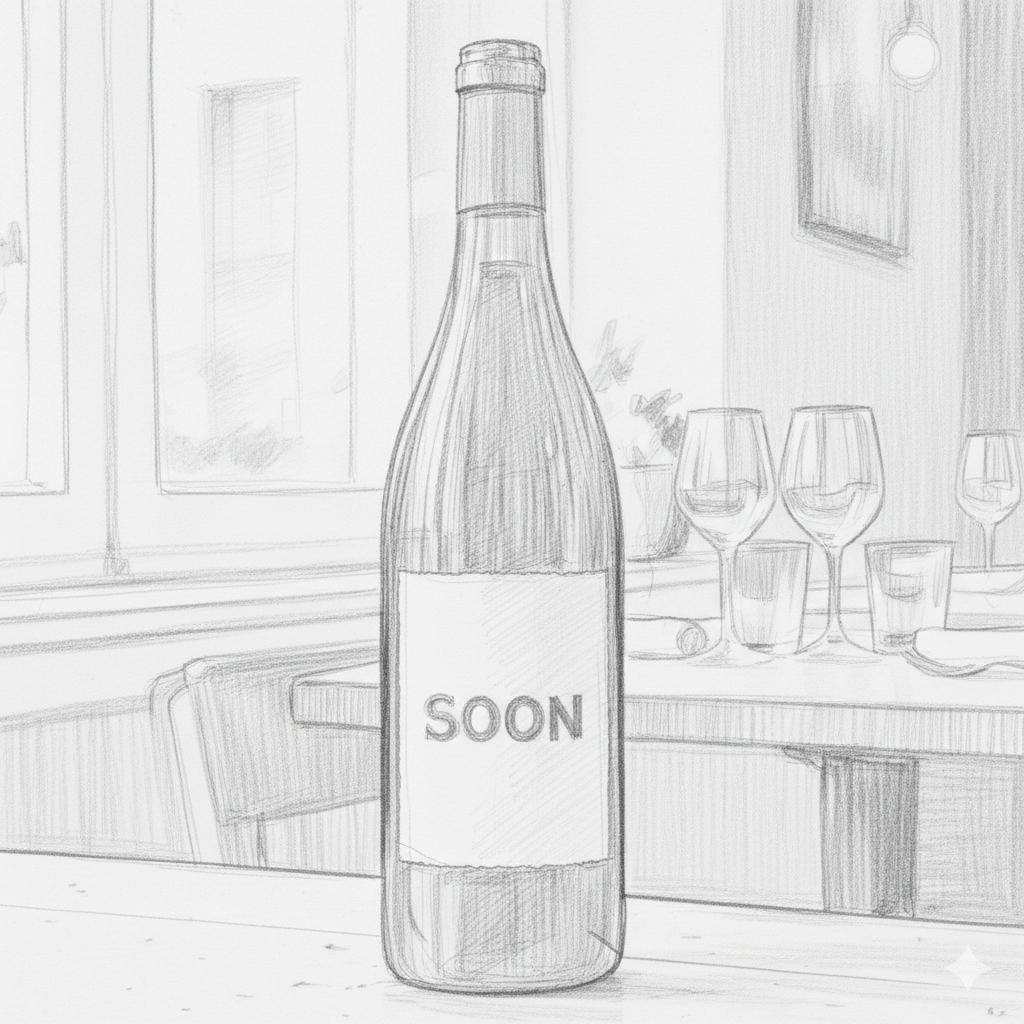 Wine bottle sketch with the word SOON